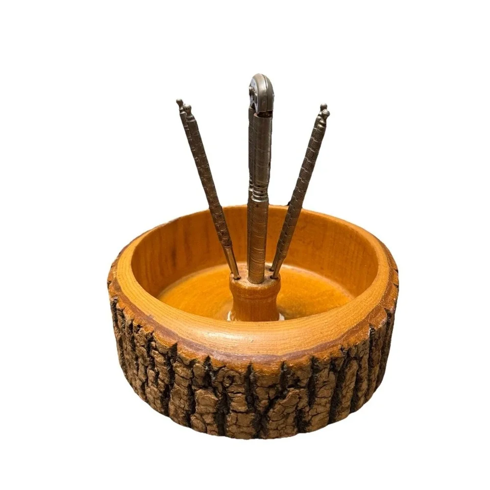 Vintage Nut Rustic Bark Wood Bowl With 4 Nut Picks & Nut Cracker Rustic MCM